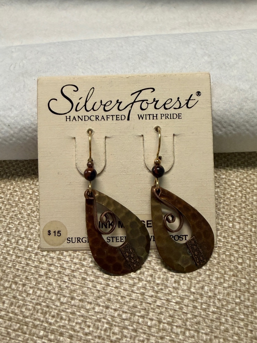 Silver Forest Gold and Brown Teardrop Hammered Earrings